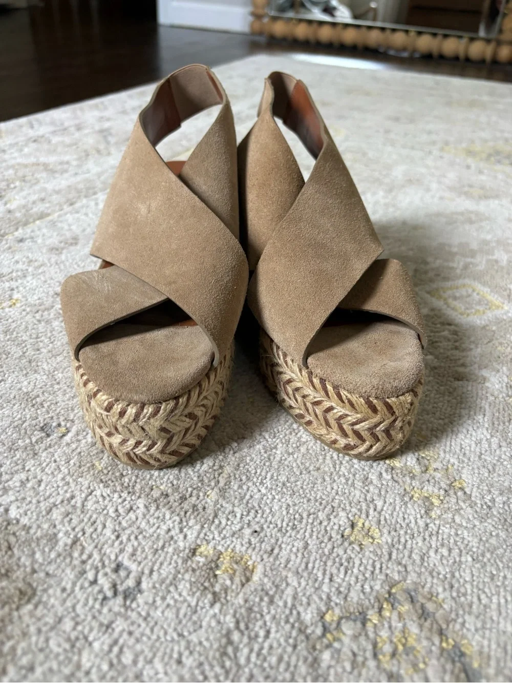 Aquatalia Jaida tan suede slingback espadrille wedge sandals